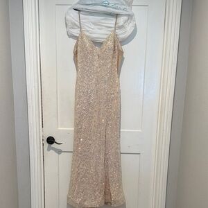 Elegant Beige Sequin Evening Gown